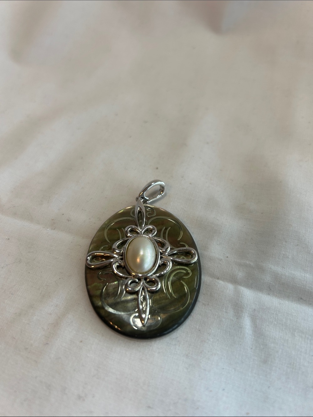 Silver Filigree Pearl Oval Pendant in Olive-Green Shell